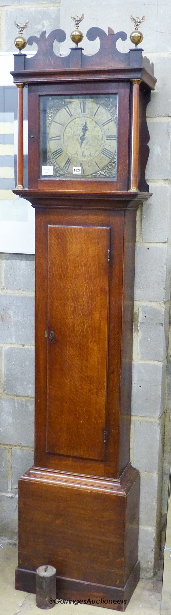 An 18th century oak 30 hour long case clock Thomas Read of Stevenage. H-213cm.